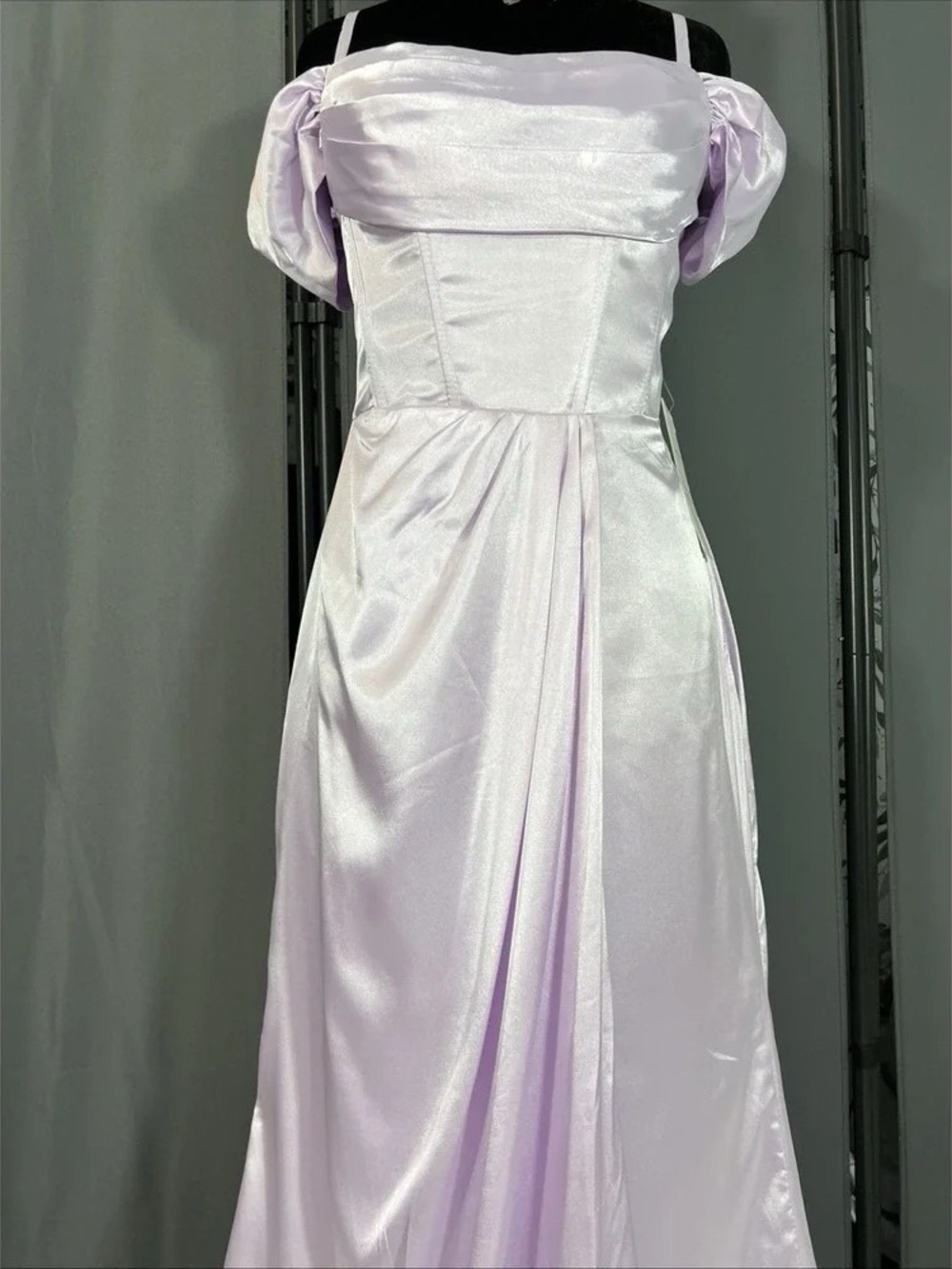Lilac Satin Off-Shoulder Maxi Dress with Puff Sleeves